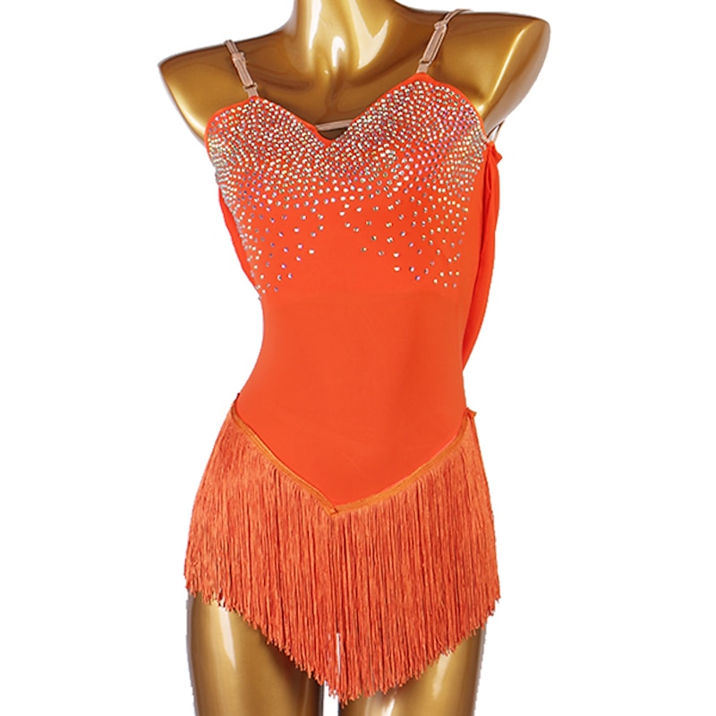 Figure Skating Dress Women's Girls' Ice Skating Dress Outfits Orange Patchwork Tassel Mesh Spandex High Elasticity Training Practice Professional Skating Wear Handmade Classic Crystal / Rhinestone3