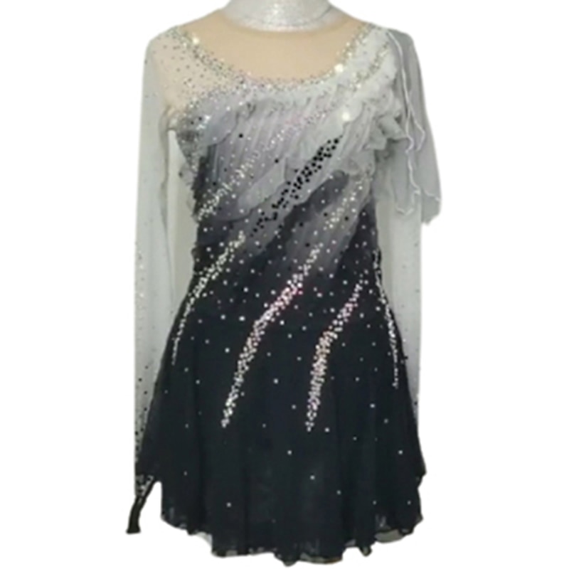 Figure Skating Dress Women's Girls' Ice Skating Dress Blue+Green Black Patchwork Glitter Mesh Spandex High Elasticity Practice Competition Skating Wear Handmade Crystal / Rhinestone Long Sleeve Ice4