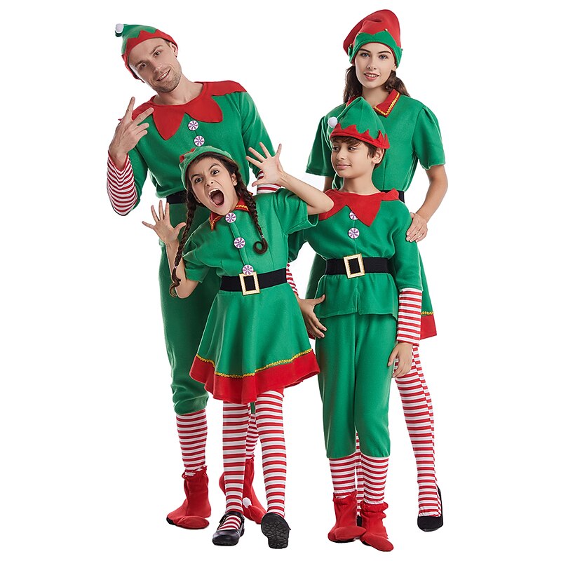 Santa Claus Elf Dress Outfits Vacation Dress Elf Costume Men's Boys' Christmas Costume Party Cosplay Costume Adults' Christmas Carnival Masquerade Christmas Vacation Party Top Pants Belt Socks Hat4