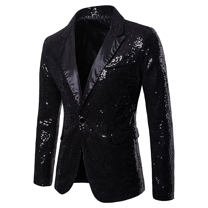 Men's Jacket Blazer Wedding Party / Evening Reflective Glitter Sequin Spring Fall Sequin Party Shawl Collar Regular Regular Regular Fit Black Silver Red Blue Purple Jacket