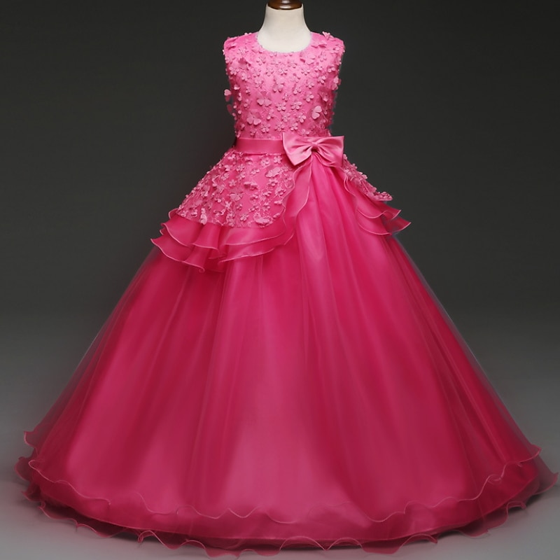 Kids Girls' Flower Girl Dress Dress Solid Colored Sleeveless Performance Wedding Party Lace Ruched Mesh Cute Princess Polyester Maxi A Line Dress Tulle Dress Flower Girl's Dress Spring Fall 4-13 Years4