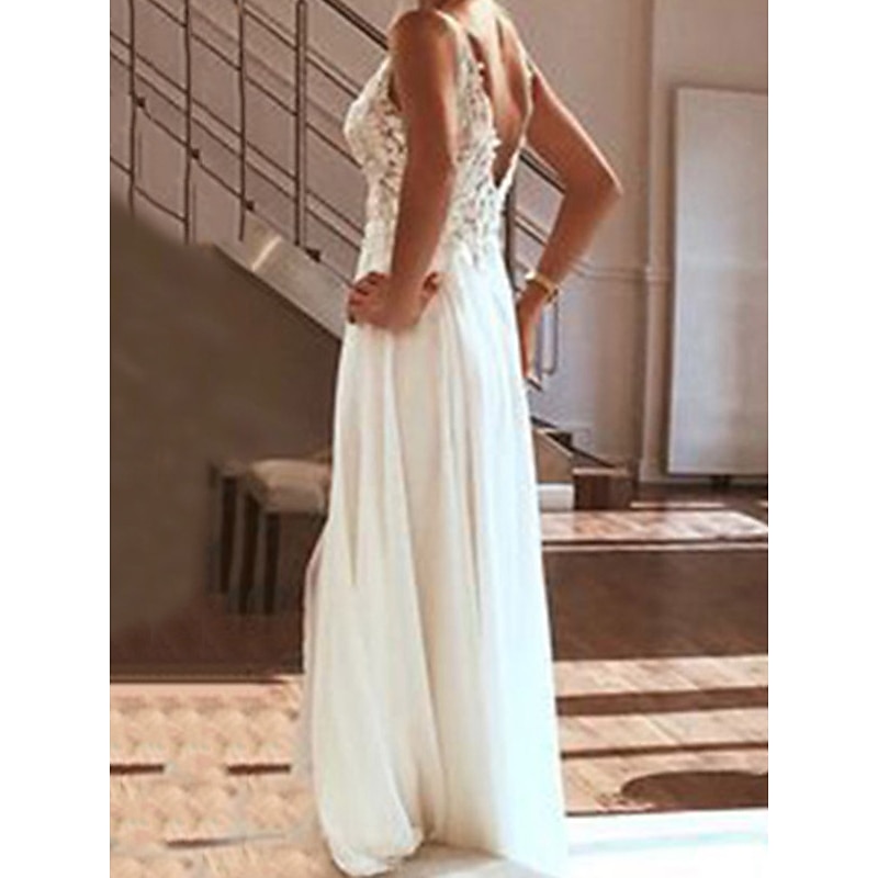 Beach Wedding Dresses A-Line V Neck Sleeveless Floor Length Chiffon Bridal Gowns With Appliques Split Front2