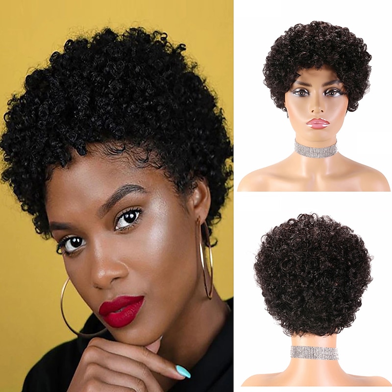 Remy Human Hair Wig Pixie Cut For Black Women Short Afro Curly Brazilian Hair Cheap Wig Human Hair Capless Wig Natural Black #1B For Daily Party