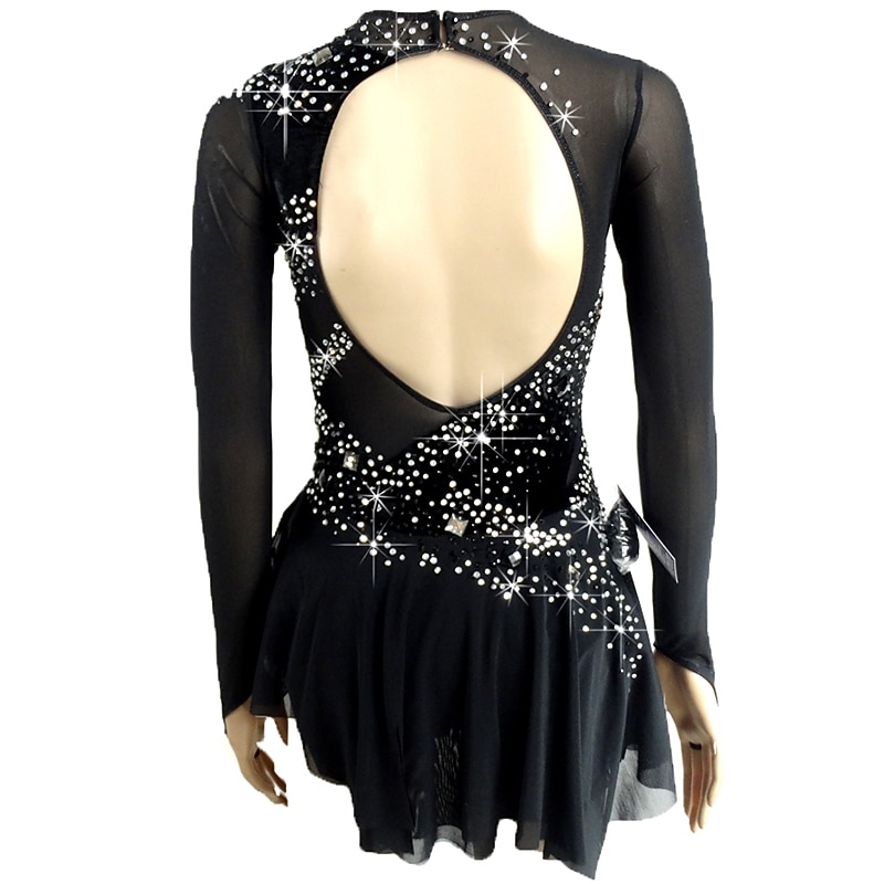 Figure Skating Dress Women's Girls' Ice Skating Dress Outfits Black Open Back Asymmetric Hem Mesh Spandex High Elasticity Competition Skating Wear Handmade Sequin Long Sleeve Figure Skating4
