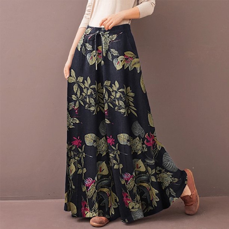 Women's Normal Culottes Wide Leg Wide Leg Pants Trousers Fashion Full Length Mid Waist Flower / Floral Side Pockets Baggy High Cut Comfort Inelastic Casual Weekend Yellow Red Deep Blue Summer Spring2