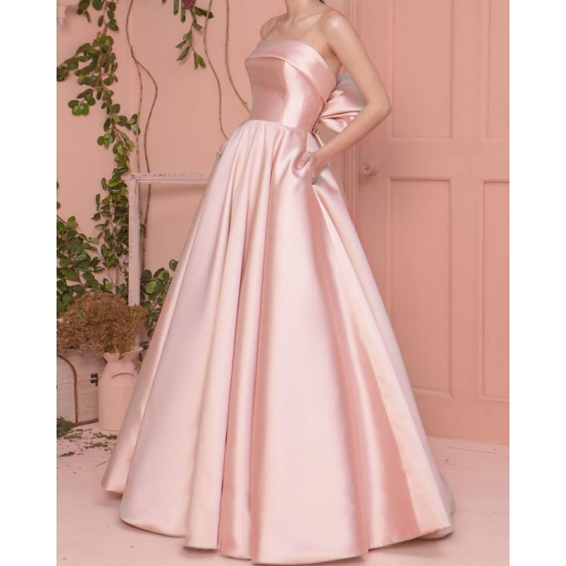 Beach Wedding A-Line Prom Dresses Elegant Dress Wedding Guest Engagement Floor Length Sleeveless Strapless Satin with Pleats - Main Image