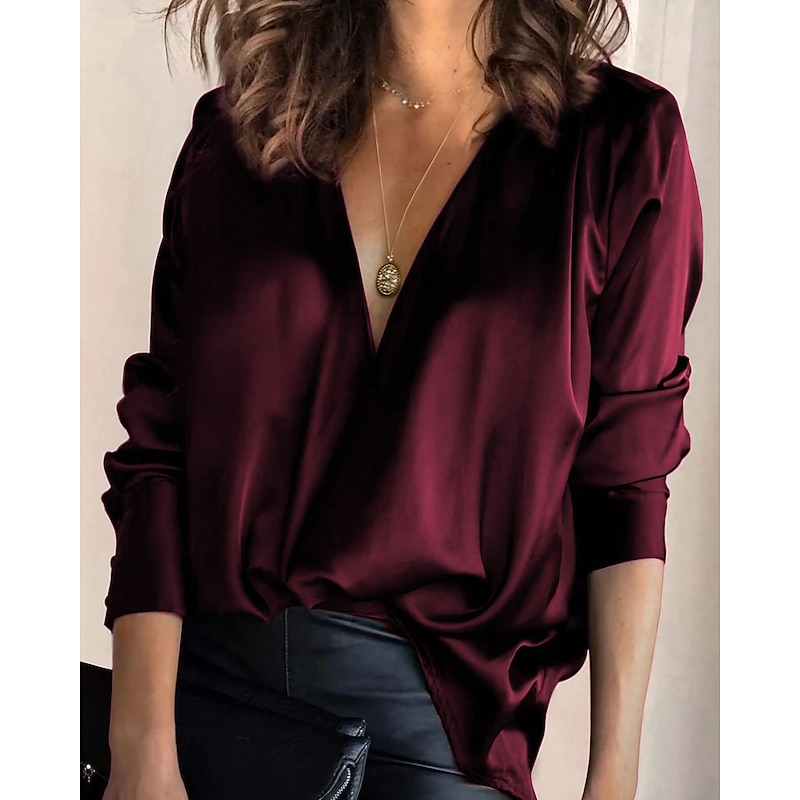 Women's Shirt Blouse Wine Green Plain Long Sleeve Daily Weekend Basic Casual V Neck Regular S