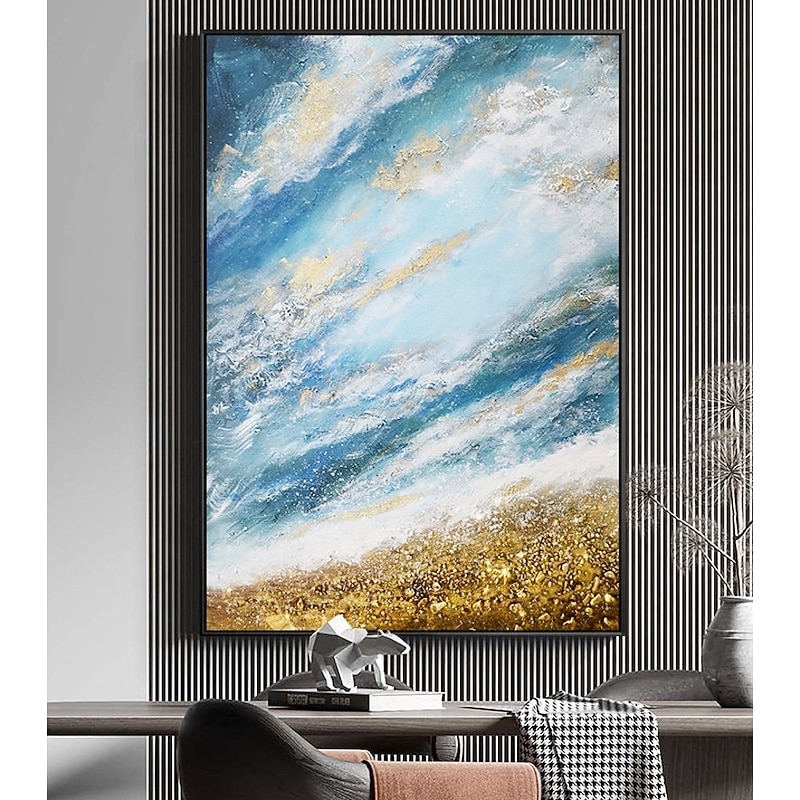 Handmade Oil Painting Canvas Wall Art Decoration Abstract Gold Leaf Painting Blue Ocean for Home Decor Rolled Frameless Unstretched Painting