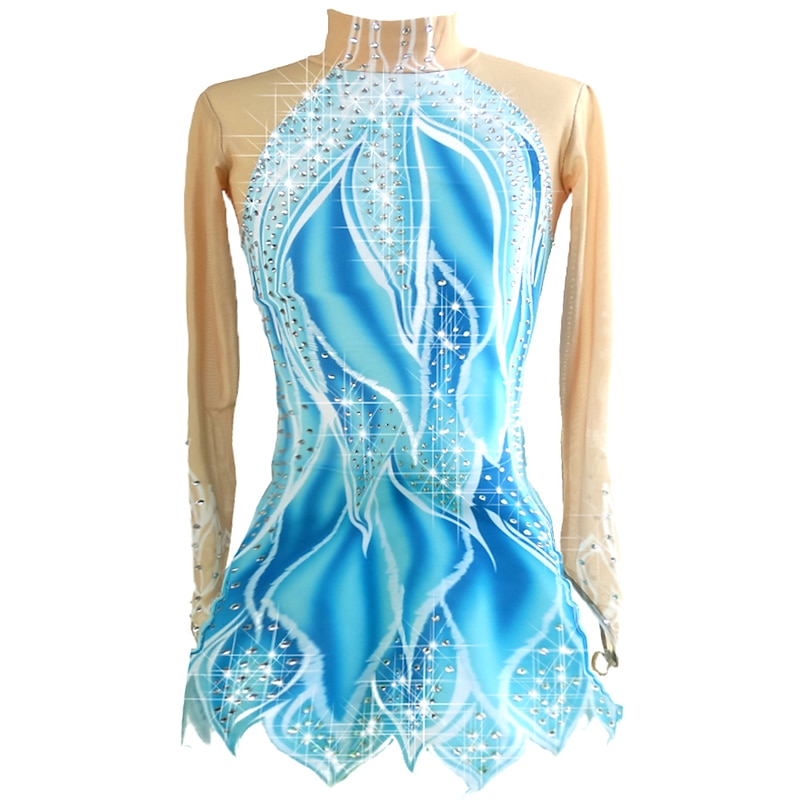 Figure Skating Dress Women's Girls' Ice Skating Dress Outfits Blue+White High Elasticity Professional Competition Skating Wear Handmade Classic Crystal / Rhinestone Long Sleeve Ice Skating Figure