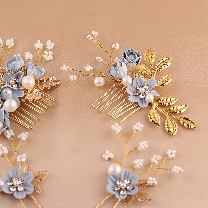 Blue Sweet Flowers Small Beads Flower Hair Accessories Hair Comb Hair Insert Bridal Headdress Dress Dress Accessories4