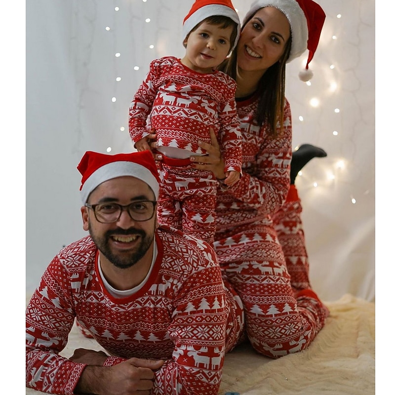 Family Christmas Family Pajamas Pajamas Christmas Pattern Deer Indoor Print Red Long Sleeve Active Matching Outfits4