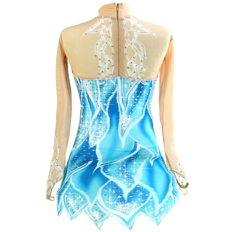 Figure Skating Dress Women's Girls' Ice Skating Dress Outfits Blue+White High Elasticity Professional Competition Skating Wear Handmade Classic Crystal / Rhinestone Long Sleeve Ice Skating Figure2