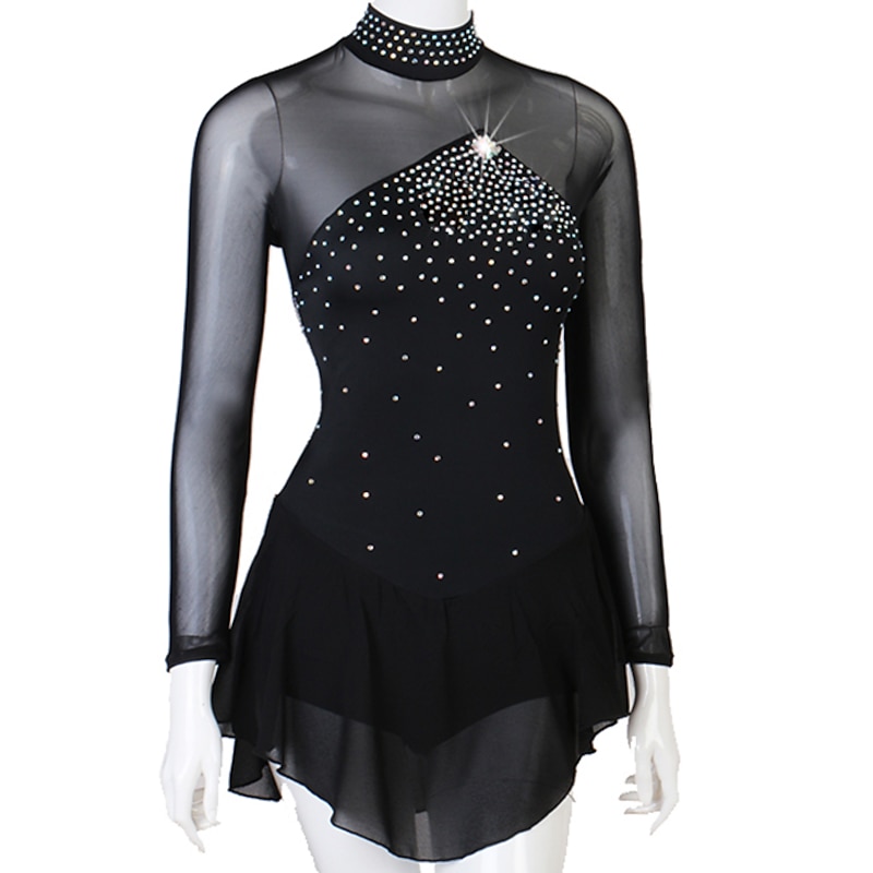 Figure Skating Dress Women's Girls' Ice Skating Dress Outfits Black Open Back Patchwork Mesh Spandex High Elasticity Practice Professional Competition Skating Wear Handmade Crystal / Rhinestone2