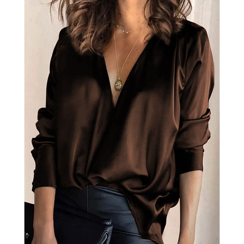 Women's Shirt Blouse Wine Green Plain Long Sleeve Daily Weekend Basic Casual V Neck Regular S3