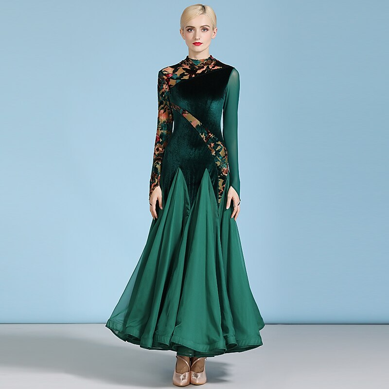 Ballroom Dance Dress Splicing Women's Training Performance Long Sleeve High Chiffon Tulle Velvet3