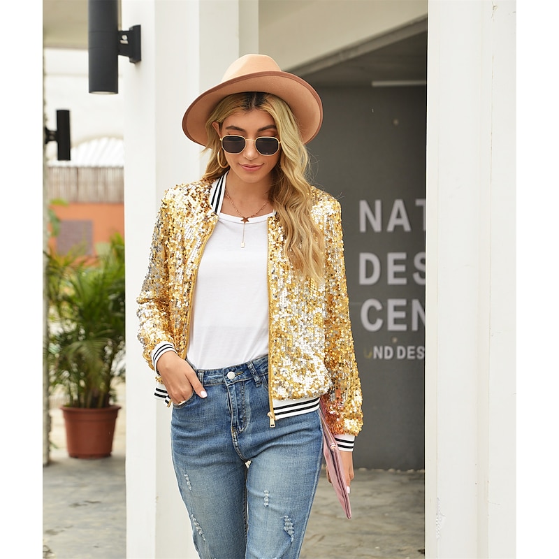Women's Bomber Jacket Jacket Varsity Jacket Wedding Party Sport Spring Fall Regular Coat Regular Fit Windproof Warm Elegant Active Casual Jacket Long Sleeve Solid Color Sequin Sequins Blue Purple Gold2