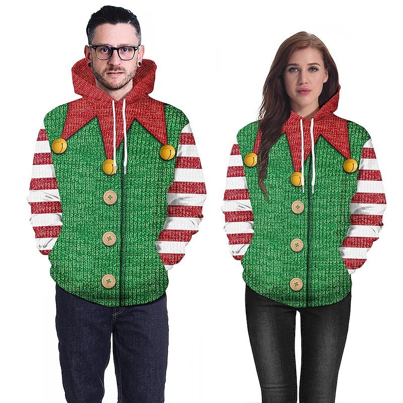 Elf Ugly Christmas Sweater / Sweatshirt Hoodie Elf Costume Pullover Couple's Men's Women's Christmas Special Family Matching Outfits 3D Print Pattern Adults' Christmas Carnival Masquerade Christmas