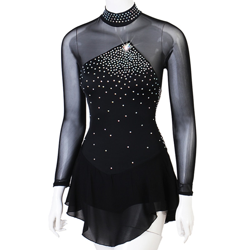 Figure Skating Dress Women's Girls' Ice Skating Dress Outfits Black Open Back Patchwork Mesh Spandex High Elasticity Practice Professional Competition Skating Wear Handmade Crystal / Rhinestone3