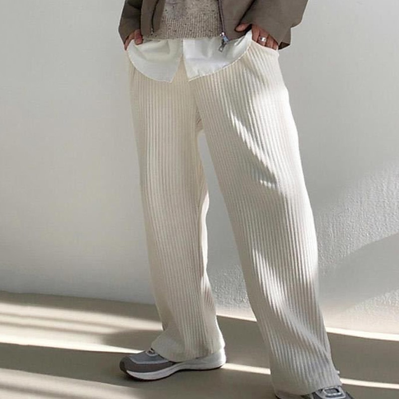 Men's Corduroy Pants Trousers Casual Pants Pleated Wide Leg Drawstring Solid Color Soft Outdoor Sports Outdoor Daily Stylish Trousers Loose Fit White Micro-elastic