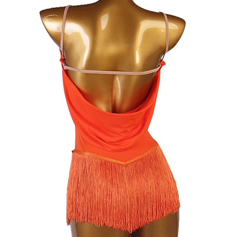 Figure Skating Dress Women's Girls' Ice Skating Dress Outfits Orange Patchwork Tassel Mesh Spandex High Elasticity Training Practice Professional Skating Wear Handmade Classic Crystal / Rhinestone4