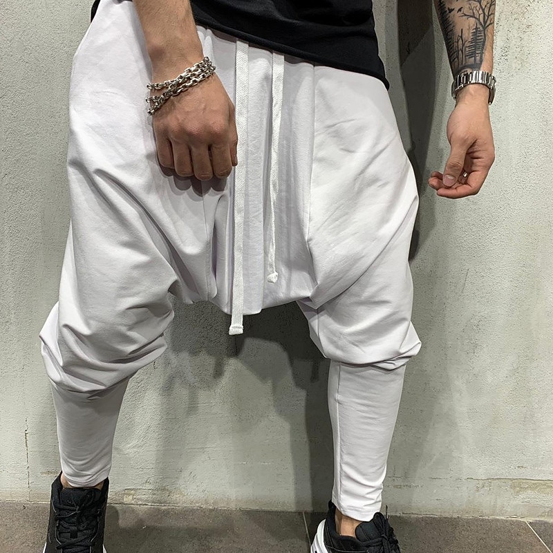 Men's Harem Joggers Trousers Casual Pants Drawstring Elastic Waist Baggy Solid Color Breathable Lightweight Full Length Casual Daily Streetwear Casual Hip-Hop Black White Micro-elastic3
