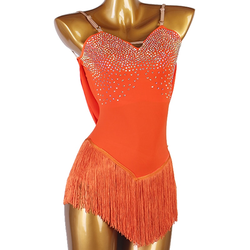 Figure Skating Dress Women's Girls' Ice Skating Dress Outfits Orange Patchwork Tassel Mesh Spandex High Elasticity Training Practice Professional Skating Wear Handmade Classic Crystal / Rhinestone2
