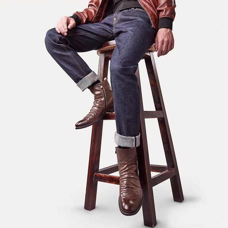 Men's Brown Faux Leather Ankle Boots with Embossed Crest, Classic Vintage Style for Formal and Casual Occasions4