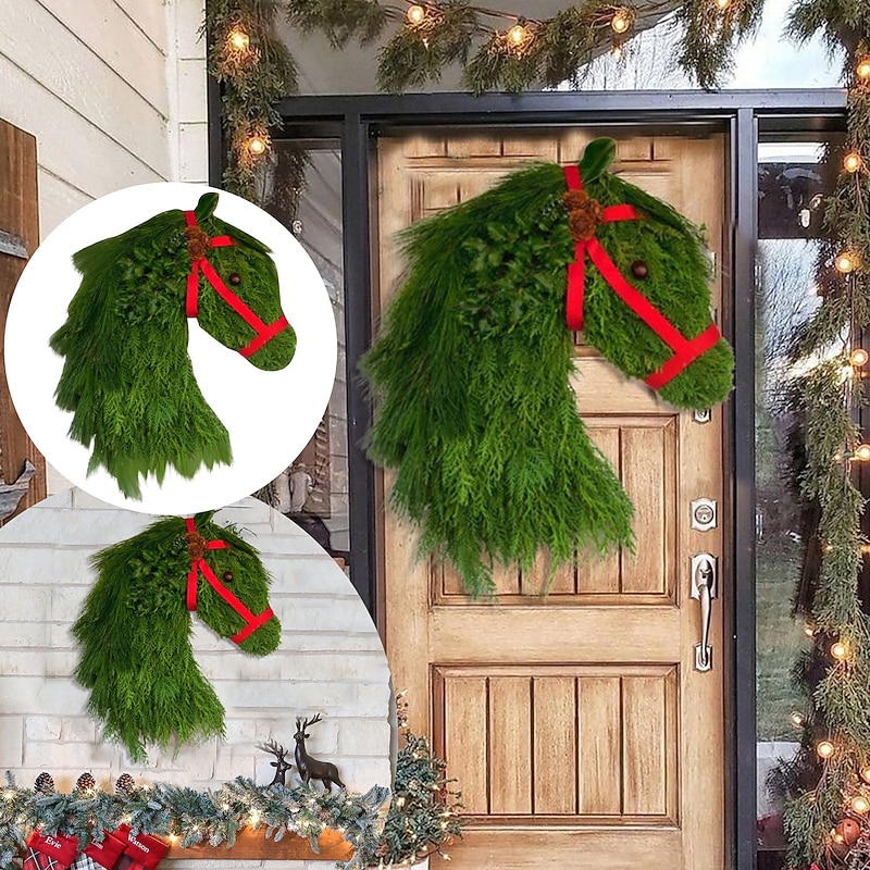 Christmas Horse Head Wreath Outdoor for Front Door Winter Wreath Window Decoration Garland Simulation Green Plants Durable Green Front Door Hanging2