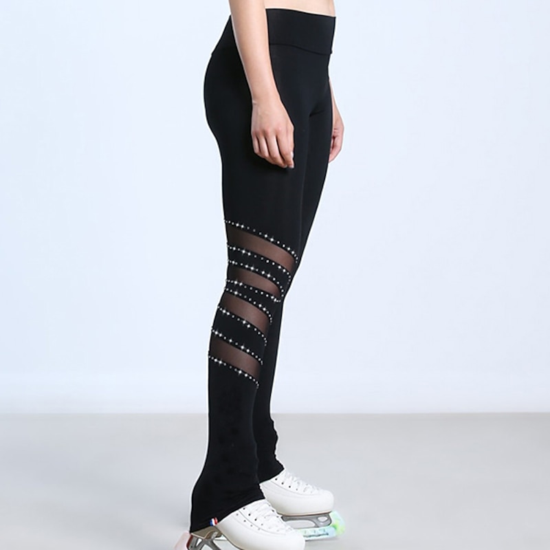 Figure Skating Pants Women's Girls' Ice Skating Tights Leggings Black Fleece Mesh Spandex High Elasticity Training Practice Competition Skating Wear Thermal Warm Handmade Patchwork Ice Skating Figure2