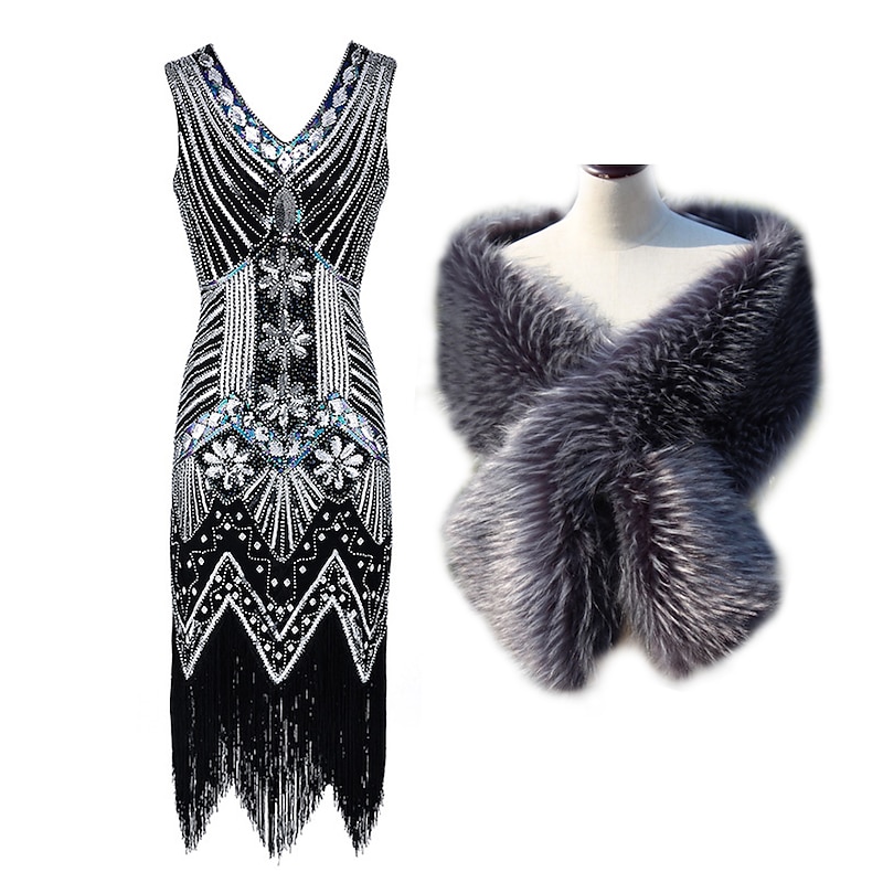 Roaring 20s 1920s Cocktail Dress Flapper Dress Dress Outfits Normal Sleeveless The Great Gatsby Charleston Plus Size Sequins Tassel Fringe Sequin V Neck Fancy Dress Women's Christmas New Year3