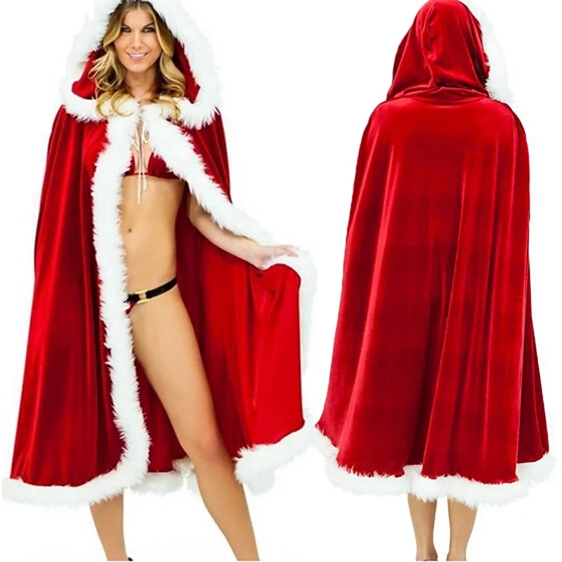 Christmas Red Velvet Hooded Cape Cloak Sexy Santa Cosplay Christmas Costumes Women Carnival Party Clubwear Winter Warm Robe Coat3