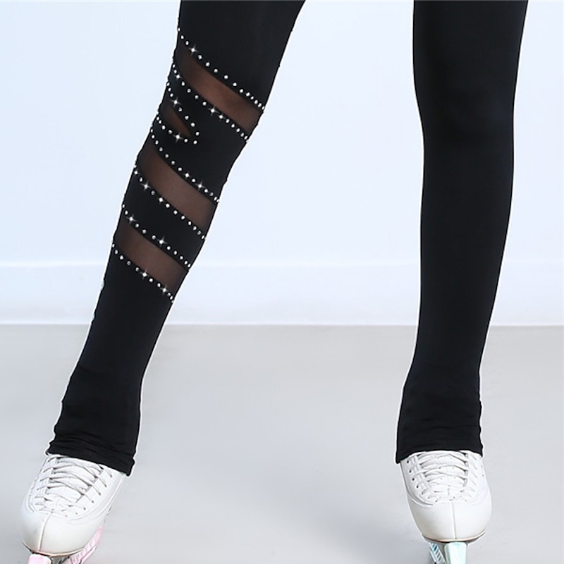 Figure Skating Pants Women's Girls' Ice Skating Tights Leggings Black Fleece Mesh Spandex High Elasticity Training Practice Competition Skating Wear Thermal Warm Handmade Patchwork Ice Skating Figure4
