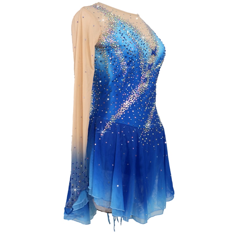 Figure Skating Dress Women's Girls' Ice Skating Dress Outfits Blue+Light Blue Patchwork Asymmetric Hem Mesh Spandex High Elasticity Competition Skating Wear Handmade Crystal / Rhinestone Long Sleeve4