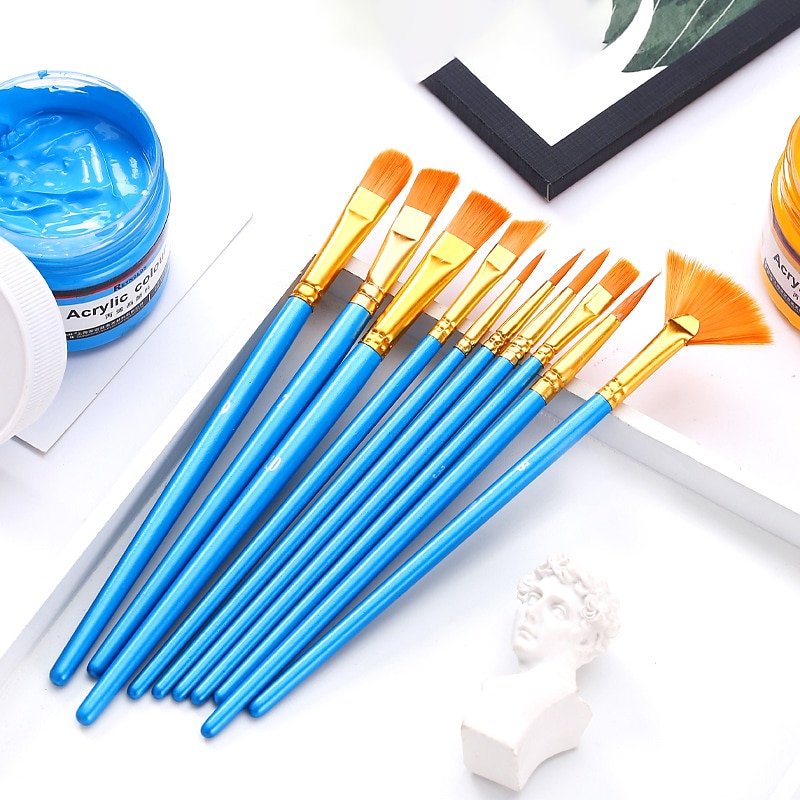 Wood Blue Painting Brushes Nylon Hair Material Oil Brushes Gouache Watercolor Paint Brushes 10 pcs