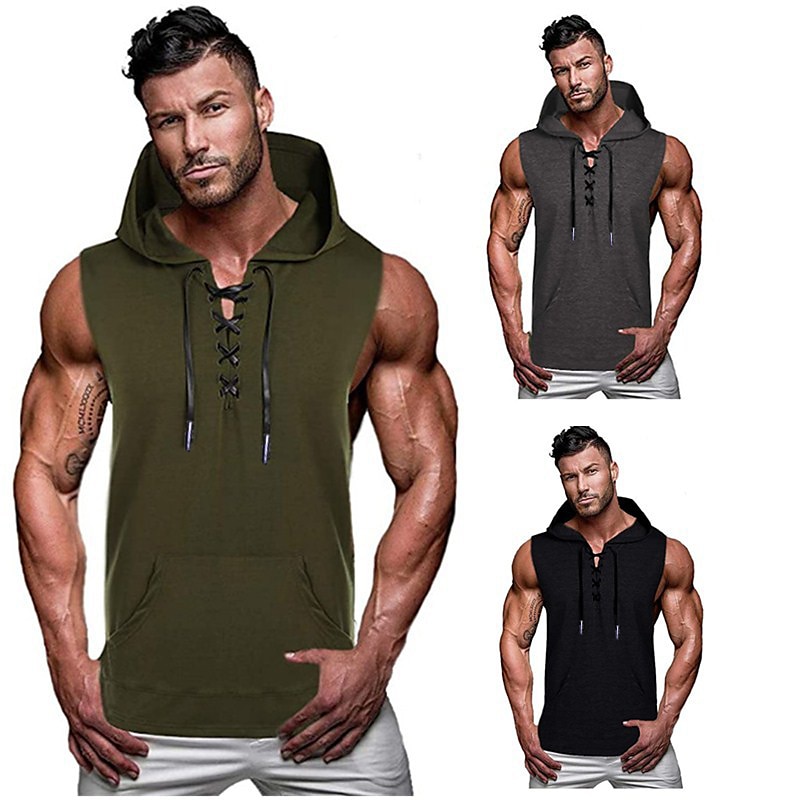 Men's Running Tank Top Workout Tank Pocket Hooded Sleeveless Hoodie Cotton Comfort Breathable Moisture Wicking Fitness Gym Workout Exercise & Fitness Sportswear Activewear ArmyGreen Black Gray