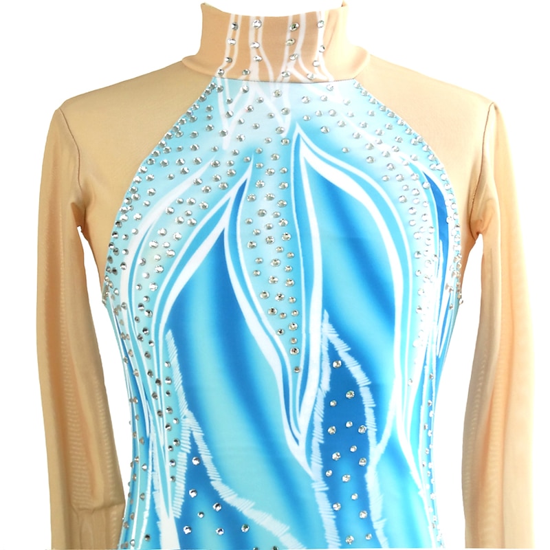 Figure Skating Dress Women's Girls' Ice Skating Dress Outfits Blue+White High Elasticity Professional Competition Skating Wear Handmade Classic Crystal / Rhinestone Long Sleeve Ice Skating Figure3