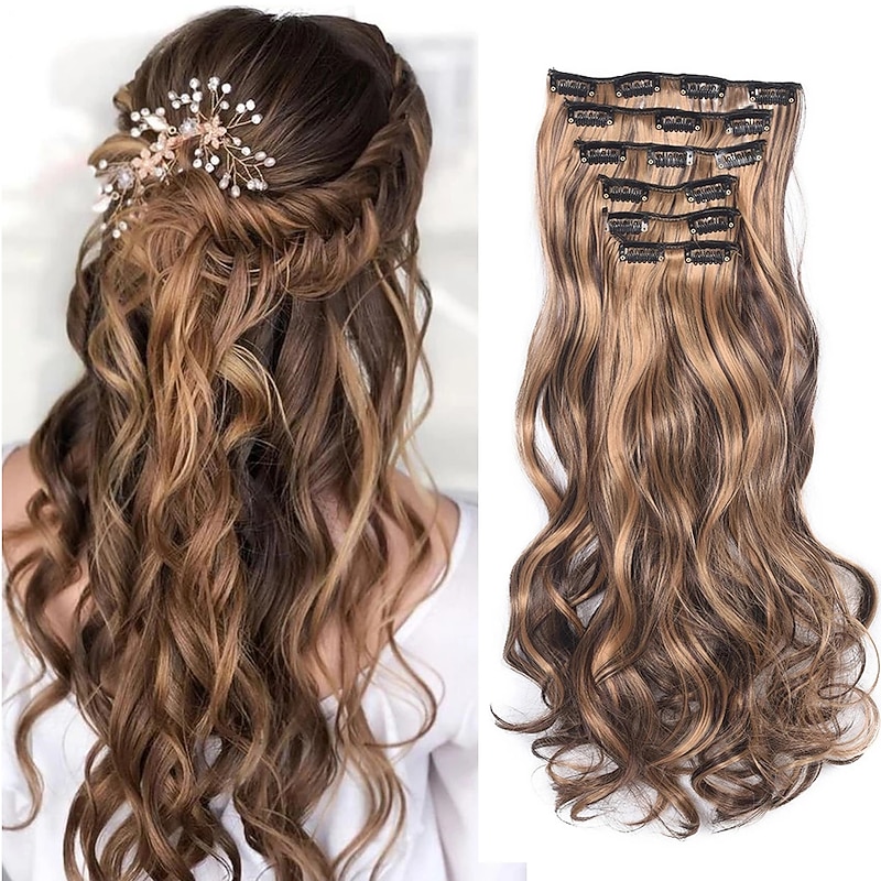 Clip In Hair Extension 20Inch 16 Clips Long Synthetic Hair Heat Resistant Hairpiece Natural Wavy Ombre Hair Piece 6Pcs/Set
