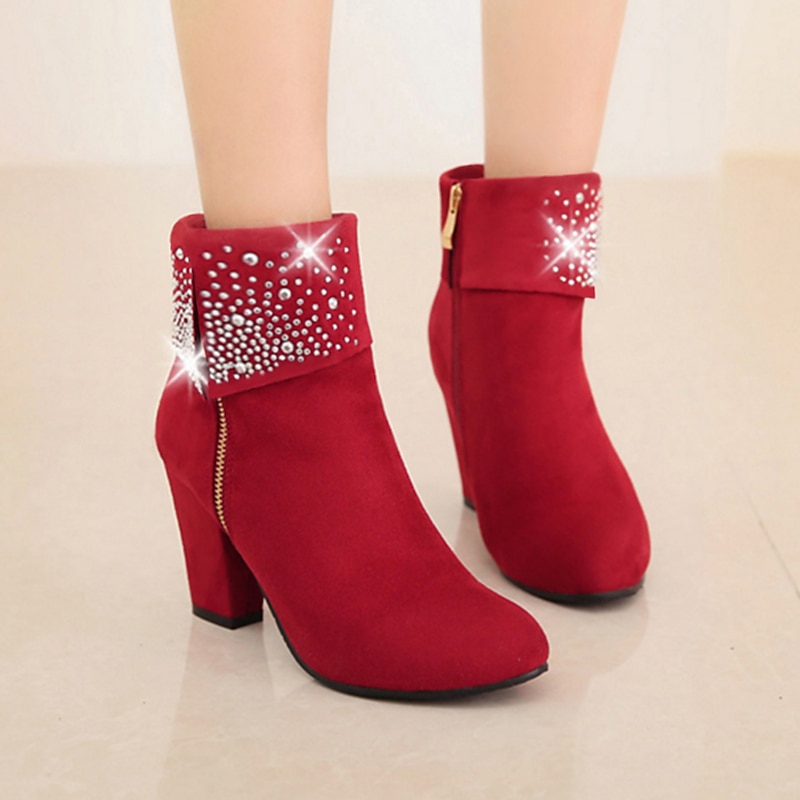 Women's Red Suede Ankle Boots with Rhinestone Embellishments and Block Heels – Festive Christmas Footwear for Parties and Holidays3