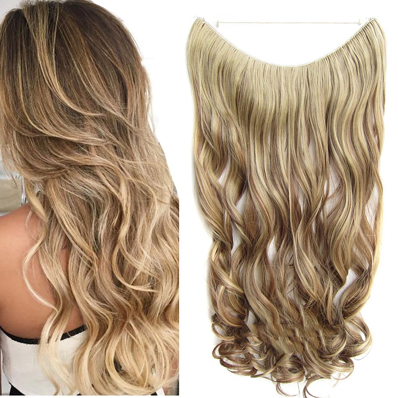 No Clip No Glue Invisible Halo Hair Extension 24inch Long Wavy Hair Synthetic Heat Resistant String Hairpiece
