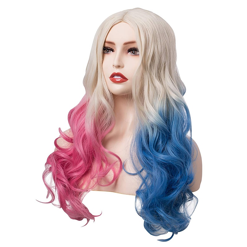 Harley Quinn  Long Wavy Wig Blonde Pink Blue Ombre Wigs for Women Cosplay Party Halloween Wigs