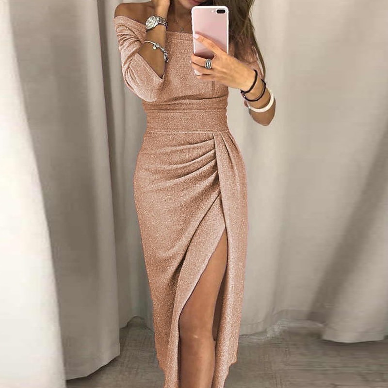 Sheath Cocktail Dresses Party Dress Party Wear Prom Ankle Length Half Sleeve Off Shoulder Fall Wedding Guest Jersey with Ruched Slit Dresses