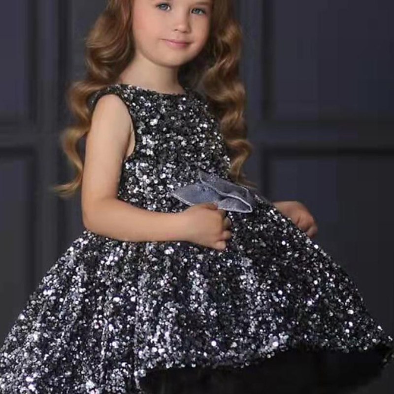 Kids Girls' Dress Solid Colored Sleeveless Party Birthday Sequins Mesh Bow Cute Princess Polyester Maxi A Line Dress Tulle Dress Summer Fall 3-12 Years Silver Blue Brown2