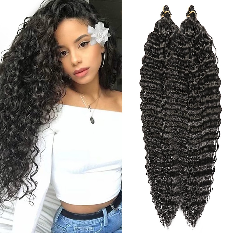 Ocean Wave Crochet Hair Extensions 6Pack 30Inch Deep Wave Curly Braids Hair #1B Natural Black Crochet Synthetic Hair Extensions 30inch 6packs