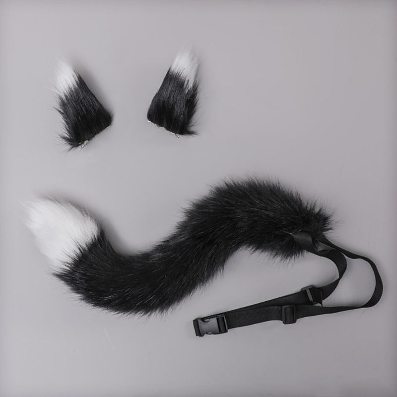 Wolf Girls Anime Cosplay Set Kawaii Foxes Ears Hair Clips Headdress Plush Tail for Carnival Party3