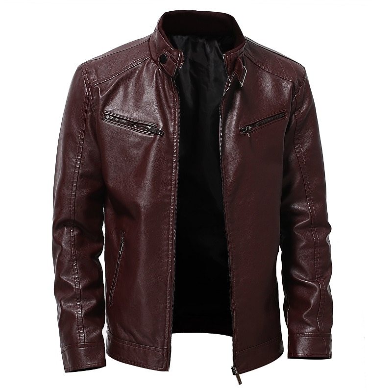 Men's Faux Leather Jacket Transition Jacket Jacket Biker Jacket Going out Windproof Rivet Full Zip Spring Fall Solid Color Casual Stand Collar Regular Regular Fit Black Wine Brown Jacket3