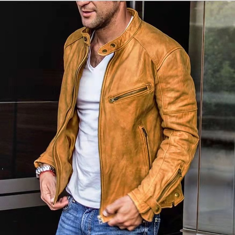 Men's Faux Leather Jacket Biker Jacket Red Leather Jacket Motorcycle Jacket Business Causal Thermal Warm Rain Waterproof dark brown Black Red Wine Brown Jacket2