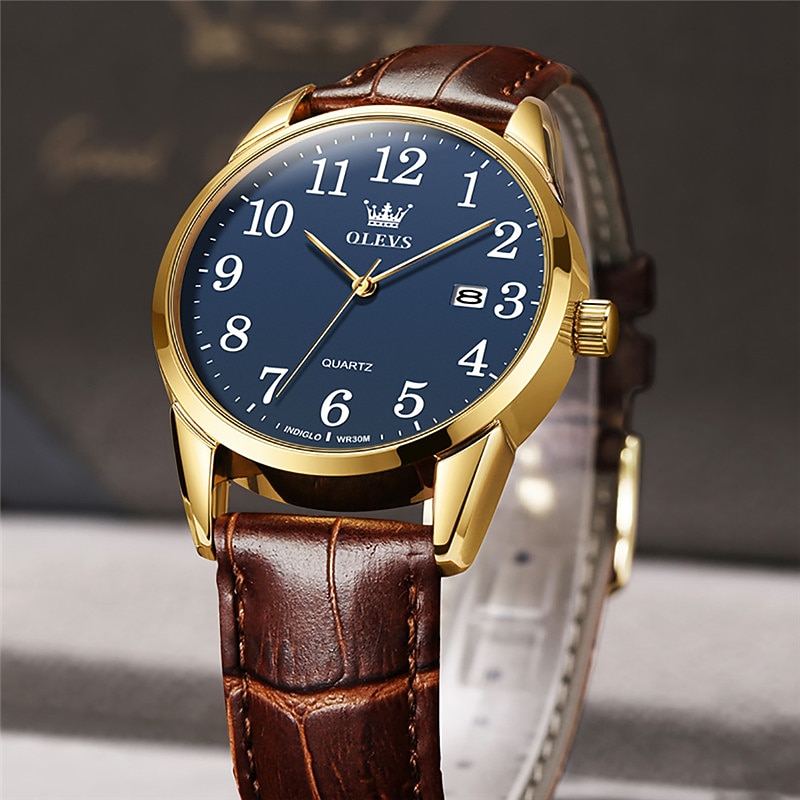 OLEVS Men Quartz Watch Calendar Waterproof Genuine Leather Watch