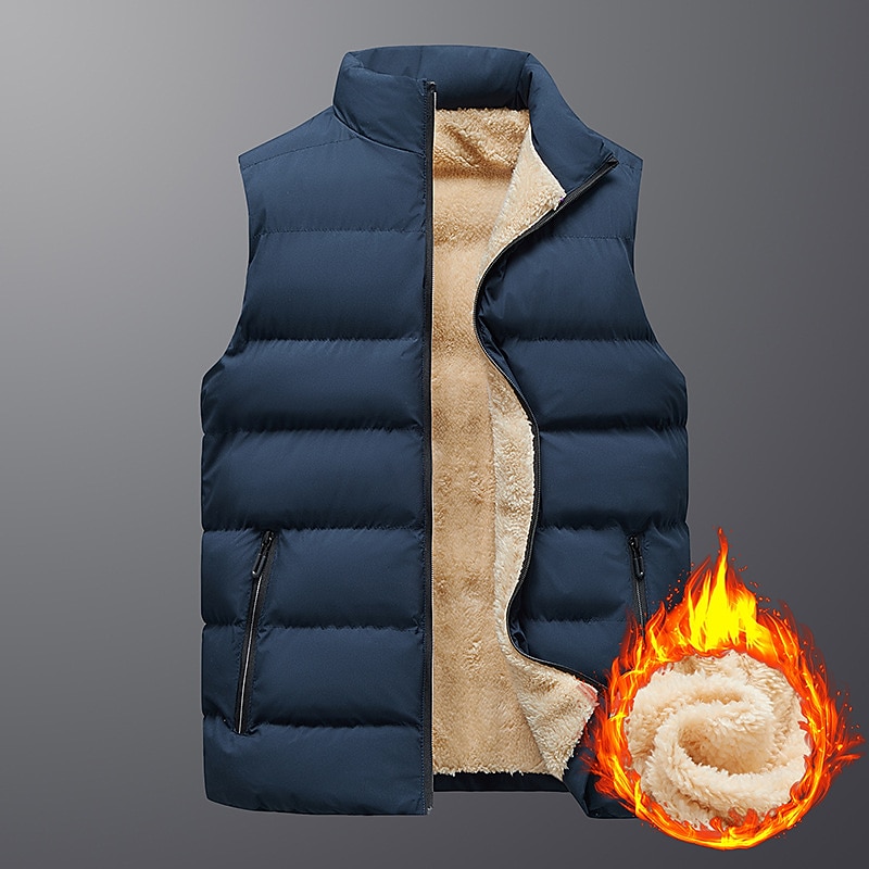 Men's Winter Vest Fleece Thick Jacket Warm Coat Padded Puffer Vest Fleece Lined Jacket Highly Warm Plush Stand Collar Waistcoat Daily Wear Great Lightweight Causal Travel Cargo Safari Photo Vest
