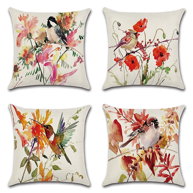 Bird Throw Pillow Cover 4PC Floral Plant Double Side Print Soft Decorative Cushion Case Pillowcase for Bedroom Livingroom Machine Washable Indoor Cushion for Sofa Couch Bed Chair