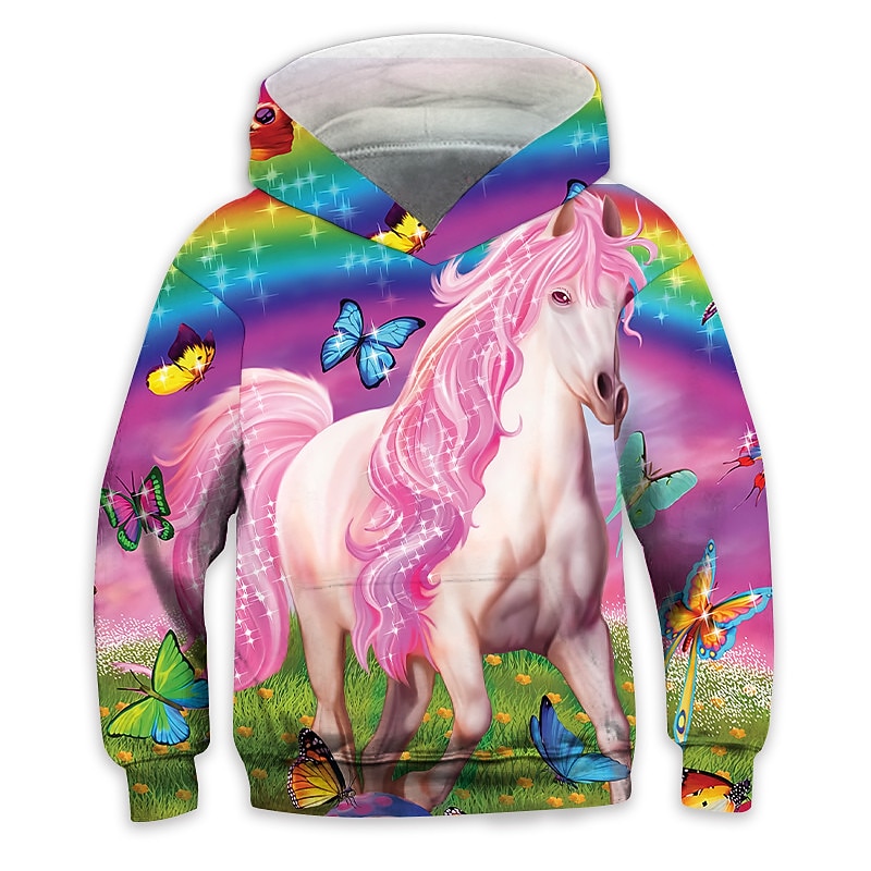 Kids Girls' Hoodie Long Sleeve Pink 3D Print Rainbow Unicorn Animal Pocket Daily Indoor Outdoor Active Fashion Daily Sports 3-12 Years